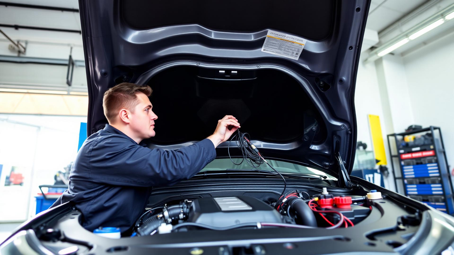 Auto electrician installing a wiring harness under a vehicle bonnet